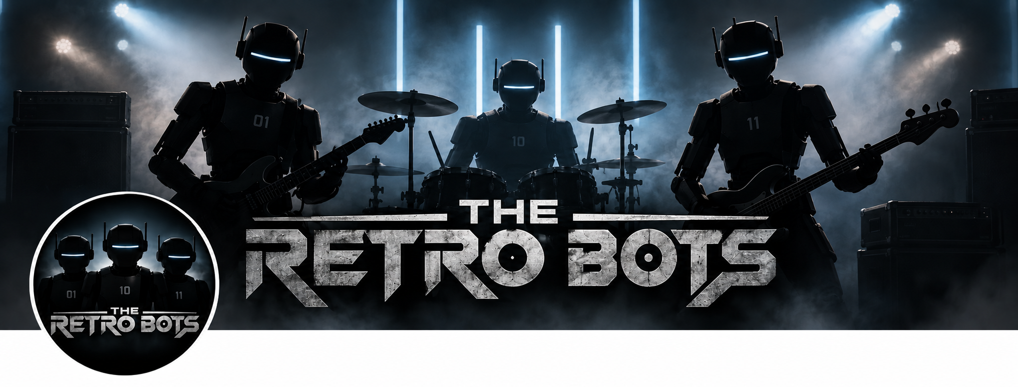 The Retro Bots on a blue-lit stage